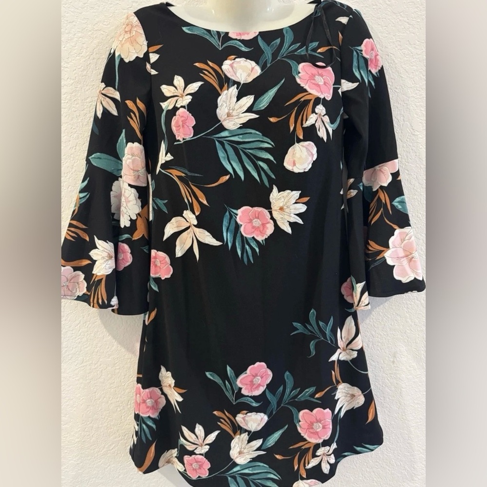 Eliza J Black Dress with Pink and Green Floral Design Size 6